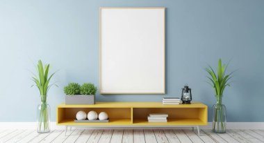 A modern living room interior with a blank frame mockup and plants on a console. The design is minimalist and scandinavian, with blue walls and white wooden floors.