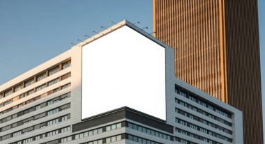 A blank billboard on a building in the city against a blue sky during daytime, offering a perfect space for advertising and commercial promotions. The building is modern.