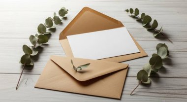A blank white card with eucalyptus leaves and envelopes on a wooden surface. Ideal for wedding invitations, greeting cards, or personalized messages with a rustic touch.