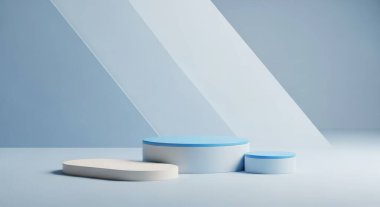 Three minimalist podiums in blue and white tones, arranged for product display against a matching backdrop. Perfect for showcasing items in a modern and clean style.