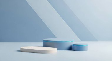 A minimalist blue podium is ideal for product display. The clean lines and simple design make it perfect for showcasing your products in a modern and stylish way.