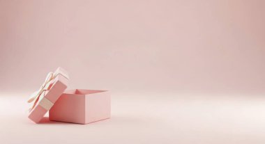 An open pink gift box with a ribbon is placed on a pink background, providing ample copy space. The scene evokes a sense of celebration and anticipation.