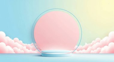 Pastel renkli bir podyum, kabarık bulutlar ve dairesel bir çerçeve üzerine kurulur. Ürününüzü sergilemek için rüya gibi ve kaprisli bir ortam yaratır..