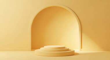 Kemerli ve podyumlu, bej renkli, minimalist bir sahne. Ürün sunumları, vitrinler ve sergiler için mükemmel. Temiz ve modern tasarım.