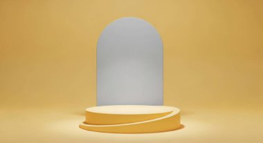 Ürün sergisi için kemer şeklinde asgari sarı podyum. Soyut geometrik şekil arkaplanı. Kozmetik ve güzellik ürünleri sunumu için mükemmel. 3d hazırlayıcı.
