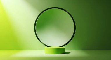 Ürün sergisi için daire şeklinde en az yeşil podyum. Soyut geometrik şekil arkaplanı. Kozmetik ve güzellik ürünleri sunumu için mükemmel. 3d hazırlayıcı.