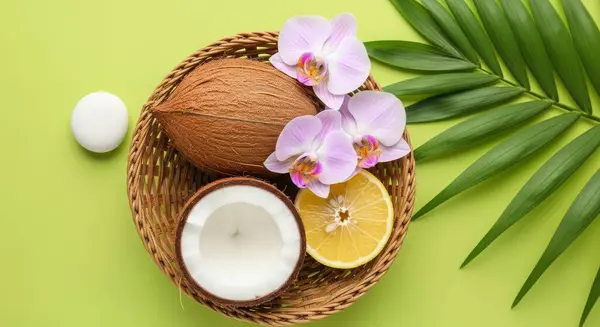 Hindistancevizi, limon ve orkide çiçekleri içeren canlı bir kompozisyon yeşil bir arkaplana karşı bir sepette düzenlenmiş. Güzellik ve refah temaları için ideal.