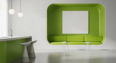 Modern mobilyaların ve minimalist tasarımın yer aldığı çağdaş yeşil bir bekleme alanı, zarif ve davetkar bir atmosfer yaratıyor..