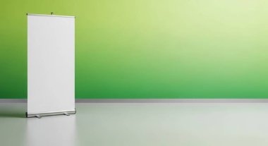 Boş bir odada, yeşil duvar arkaplanı olan boş bir pankart, reklam ya da pazarlama kampanyaları için mükemmel. Modern ve minimal tasarım.