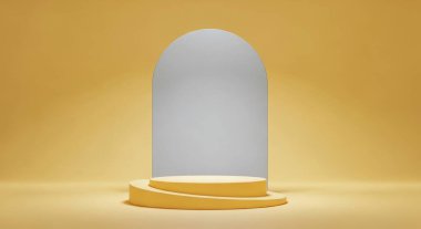 Kemerli bir minimalist sarı podyum ürün sunumu için mükemmeldir. Temiz tasarım ve yumuşak ışıklandırma reklam ve tanıtım için davetkar bir ortam yaratır..