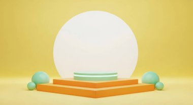 Yeşil aksanlı turuncu bir podyum, öne çıkan beyaz bir çemberin yer aldığı sarı bir zemin üzerine kurulur. Ürünleri modern ve şık bir şekilde sergilemek için ideal..
