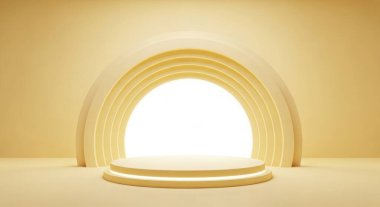 Kemerli minimalist sarı bir podyum ürün sergisi için zarif bir sahne sağlar. Tasarım temiz, modern ve sunum ve sergiler için mükemmel..