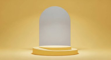 Ürün sunumu ve reklamı için kemerli minimalist sarı bir podyum. Ürünlerinizi modern ve şık bir şekilde sergilemek için mükemmel. Yüksek kalite ve çözünürlük.