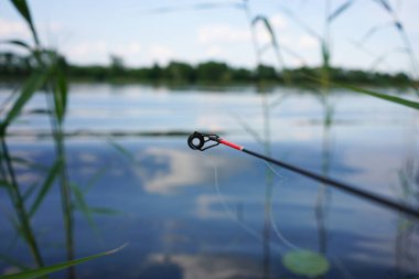 Gölün manzarasında olta kamışının başı. Balıkçılık kavramı.
