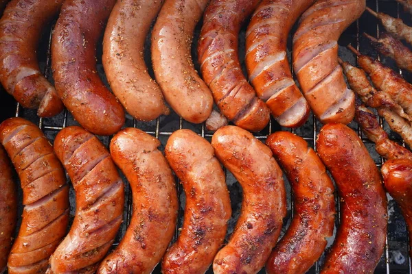 Grilled Sausages Barbecue Top View Barbecue Garden Grilling Meat — Stock Photo, Image