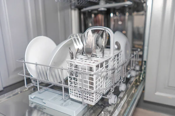 Dirty dishes in dishwasher in the kitchen