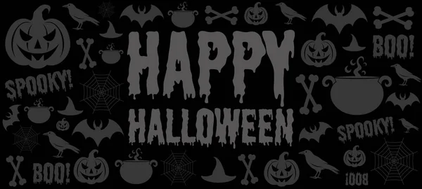 Happy Halloween Banner Black Halloween Background Pumpkin Bat Bones Crow — Stock Vector
