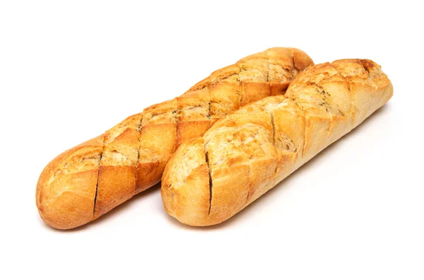 焼きたてのクリスピーなフランスパンのバゲットに ガーリックバターとハーブを白を基調にしたバゲット — ストック写真