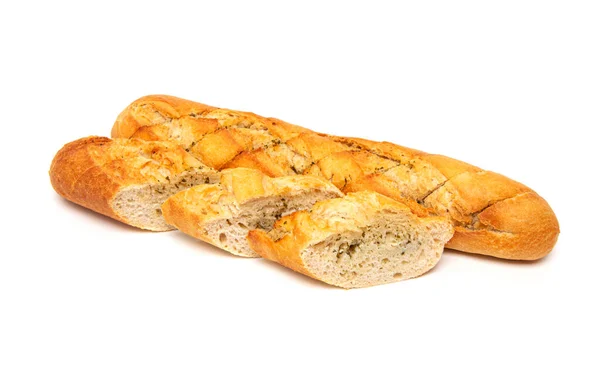 Художньо Спечений Французький Хлібний Багет Часниковим Маслом Травами Ізольованими Білому — стокове фото