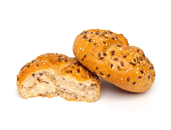 Traditional Kaiser Roll Bun Linseeds Sesame Seeds Isolated White Background — Stock Photo, Image