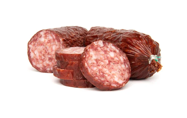 Salami Worst Met Varkensvlees Wild Zwijn Geïsoleerd Witte Achtergrond — Stockfoto