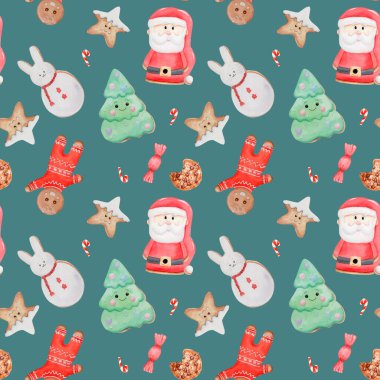 Kusursuz suluboya çikolatalı kurabiye ve zencefilli ekmek deseni. Noel kurabiyesi. Noel süslemeleri, Kurabiye Günü