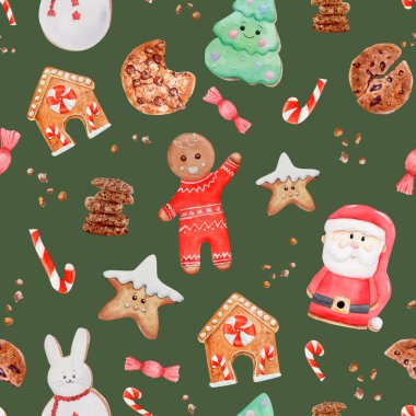 Kusursuz suluboya çikolatalı kurabiye ve zencefilli ekmek deseni. Noel kurabiyesi. Noel süslemeleri, Kurabiye Günü