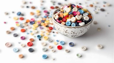 Renkli düğmelerden oluşan canlı bir karışım temiz beyaz bir yüzeye ustalıkla yerleştirilmiş el değmemiş bir seramik kaseden dökülür. Bu büyüleyici stüdyo çekimi makro, yakın perspektif içeriyor. Eac 'ın karmaşık detaylarını ve çeşitli dokularını gözler önüne seriyor.