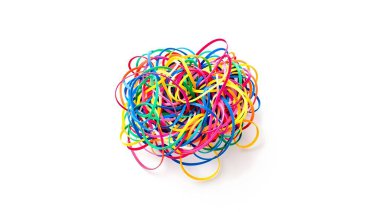 Canlı ve göz alıcı bir görüntü kaotik renkli lastik bantlardan oluşan bir koleksiyonu el değmemiş beyaz arka planda sergiliyor. Bu yakın plan fotoğraf, lastik bantlı gökkuşağının çeşitli renklerini yakalar ve dinamik bir doku oluşturur.