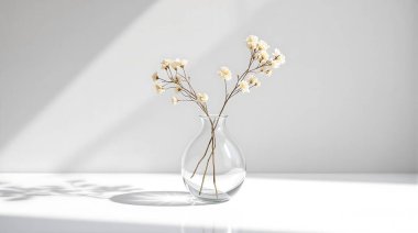 Göz kamaştırıcı bir stüdyo çekiminde zarif, beyaz çiçeklerle dolu cam bir vazo, el değmemiş beyaz bir arka planda sergileniyor. Yumuşak güneş ışığı ve ince gölgelerle yıkanmış bu çiçek düzenlemesi minimalist ve estetik bir hava yaratıyor.