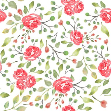 Suluboya güzel, dikişsiz desenli kırmızı güller, yapraklar. Beyaz arka planda izole edilmiş el çizimi çiçek çizimi. Paketleme, duvar kağıdı, ambalaj tasarımı veya yazdırma için