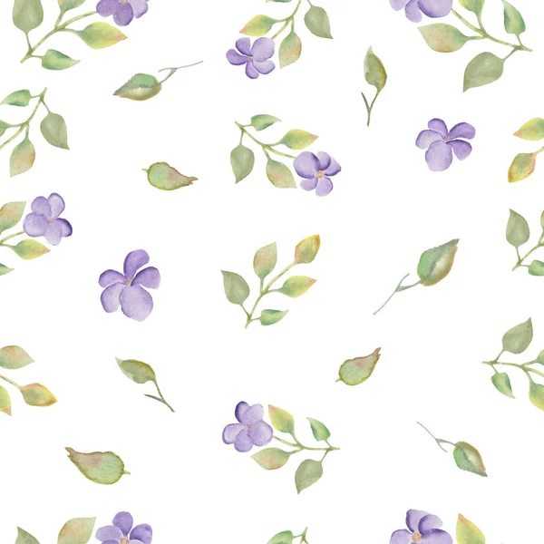 Υδατογραφία Απαλή Floral Αδιάλειπτη Μοτίβο Βιολέτες Φύλλα Χειροποίητη Απεικόνιση Λουλουδιών — Διανυσματικό Αρχείο