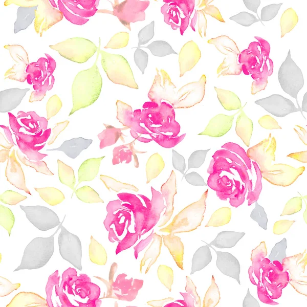 Акварель Красивая Бесшовная Картина Розовыми Розами Листьями Ручная Рисованная Цветочная — стоковое фото