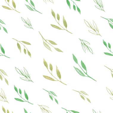 Soyut yeşil yaprakları ve dalları olan dikişsiz suluboya deseni. Beyaz arka planda izole edilmiş el çizimi çiçek çizimi. Paketleme, ambalaj tasarımı ya da baskı için. Vektör EPS.