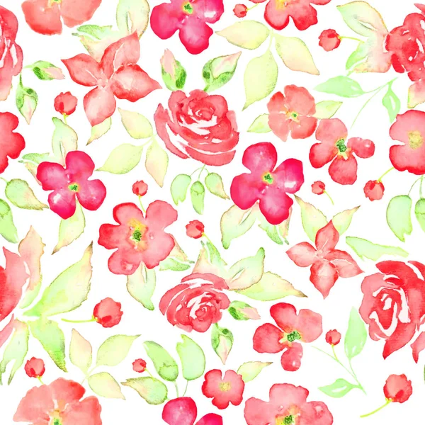 Aquarel Helder Naadloos Patroon Met Abstracte Rode Bloemen Bladeren Takken — Stockfoto