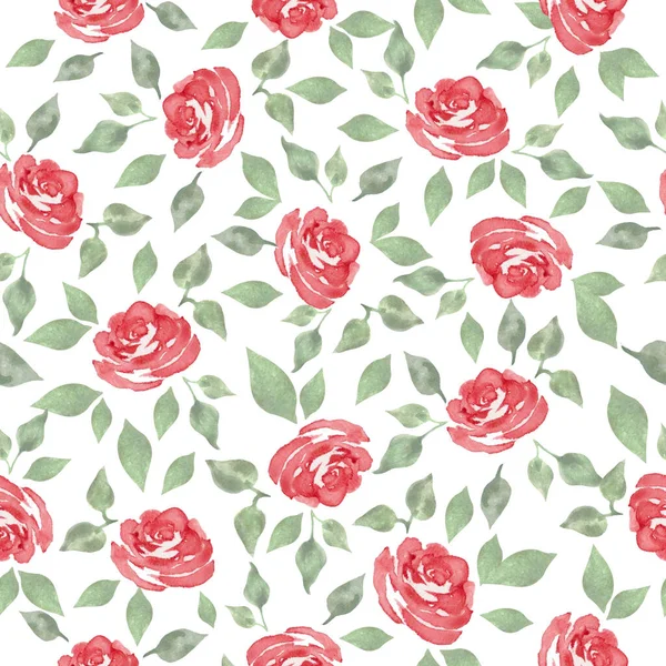 Watercolor Seamless Pattern Abstract Red Roses Green Leaves Hand Drawn — Stock Photo, Image