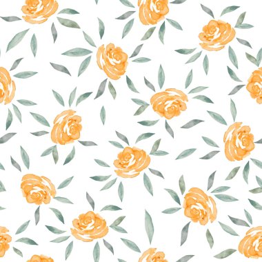 Soyut sarı güller ve yeşil yapraklarla suluboya desenli. Beyaz arka planda izole edilmiş el çizimi çiçek çizimi. Paketleme, paketleme tasarımı veya yazdırma için.