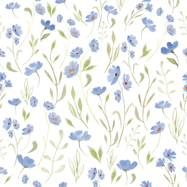 Watercolor gentle seamless pattern with abstract blue flowers, green leaves, branches. Hand drawn floral illustration isolated on white background. For packaging, wrapping design or print.