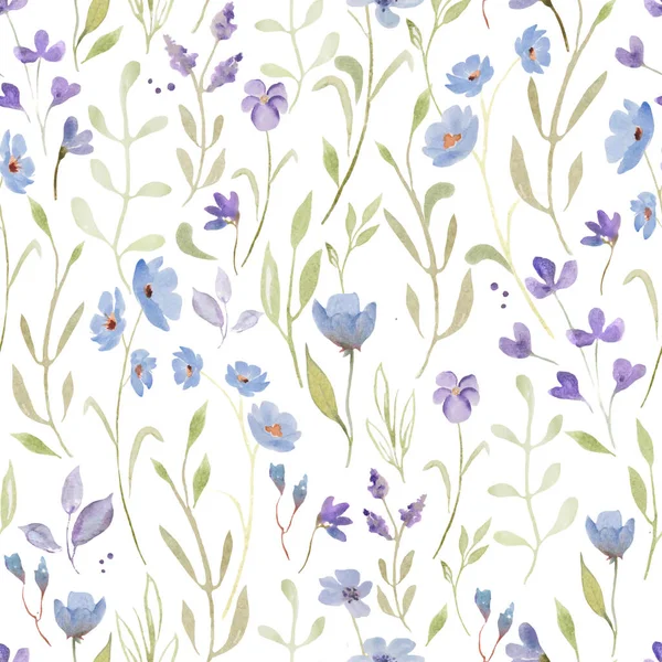 Suluboya Soyut Mavi Mor Çiçekler Yeşil Yapraklar Dallar Beyaz Arka — Stok fotoğraf