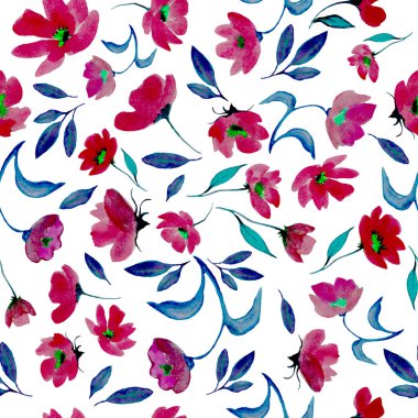 Soyut Burgonya çiçekleri, yaprakları ve dalları olan dikişsiz suluboya desenler. Beyaz arka planda izole edilmiş el çizimi çiçek çizimi. Paketleme, paketleme tasarımı veya yazdırma için.