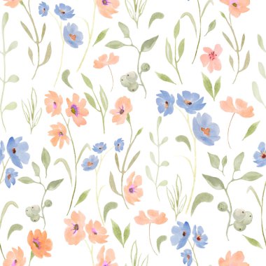 Soyut farklı çiçekler, yapraklar ve dallarla sulu boya deseni. Beyaz arka planda izole edilmiş el çizimi çiçek çizimi. Paketleme, paketleme tasarımı veya yazdırma için.