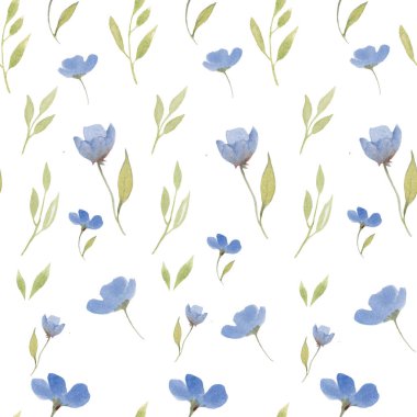 Soyut mavi çiçeklerle suluboya kusursuz desen. Beyaz arka planda izole edilmiş el çizimi çiçek çizimi. Paketleme, ambalaj tasarımı ya da baskı için. Vektör EPS.