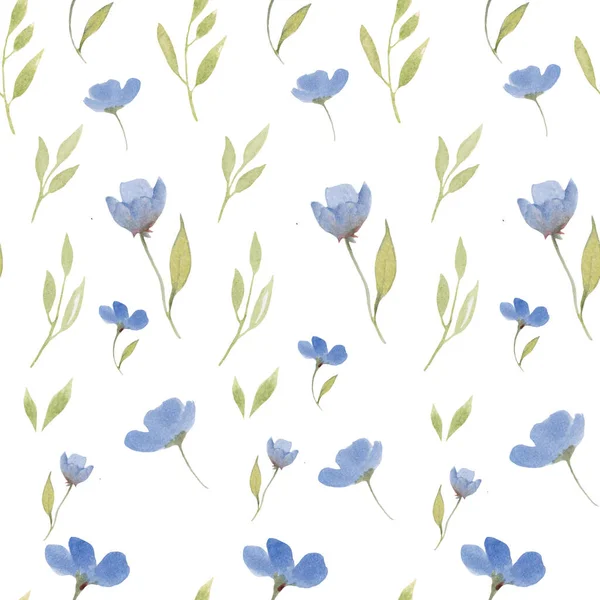 抽象的な青の花と水彩シームレスパターン 白地に描かれた花のイラストを手描き 包装デザインや印刷のために ベクトルEps — ストックベクタ