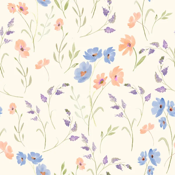 Akvarell Zökkenőmentes Minta Elvont Virágok Levelek Ágak Kézzel Rajzolt Virágos — Stock Fotó
