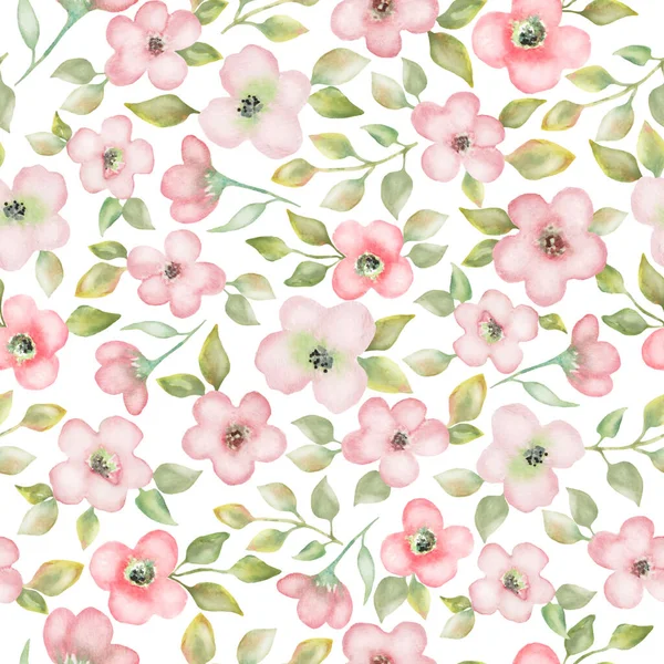 Aquarel Naadloos Patroon Met Abstracte Roze Bloemen Groene Bladeren Takken — Stockfoto