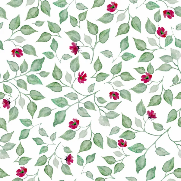 Watercolor seamless pattern with abstract red flowers, green leaves, branches. Hand drawn floral illustration isolated on white background. For packaging, wrapping design or print.
