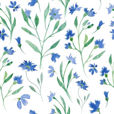 Soyut mavi çiçekleri, yaprakları ve dalları olan dikişsiz suluboya deseni. Beyaz arka planda izole edilmiş el çizimi çiçek çizimi. Paketleme, ambalaj tasarımı ya da baskı için. Vektör EPS.