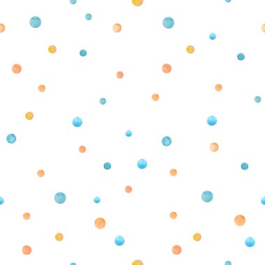 Suluboya kusursuz desen. Beyaz arka planda renkli polka. Sarı, turuncu, mavi daireli el çizimi çizimi. Çocuk duvar kağıtları, kumaş tasarımı ya da baskısı için. Vektör EPS.