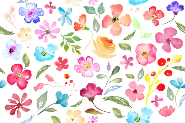 抽象的な明るい花 葉と水彩シームレスパターン 白地に描かれた花のイラストを手描き 包装デザインまたは印刷のために — ストック写真