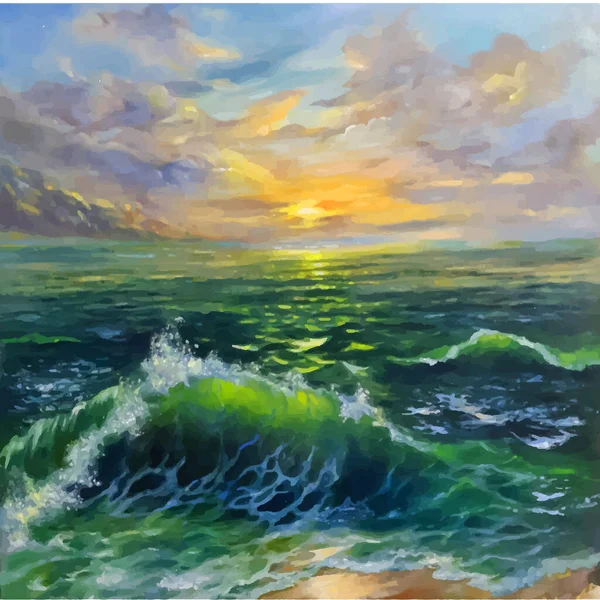Sunset Sea Wave Oil Paintings Landscape Paints Canvas Hand Drawn — Stock Vector